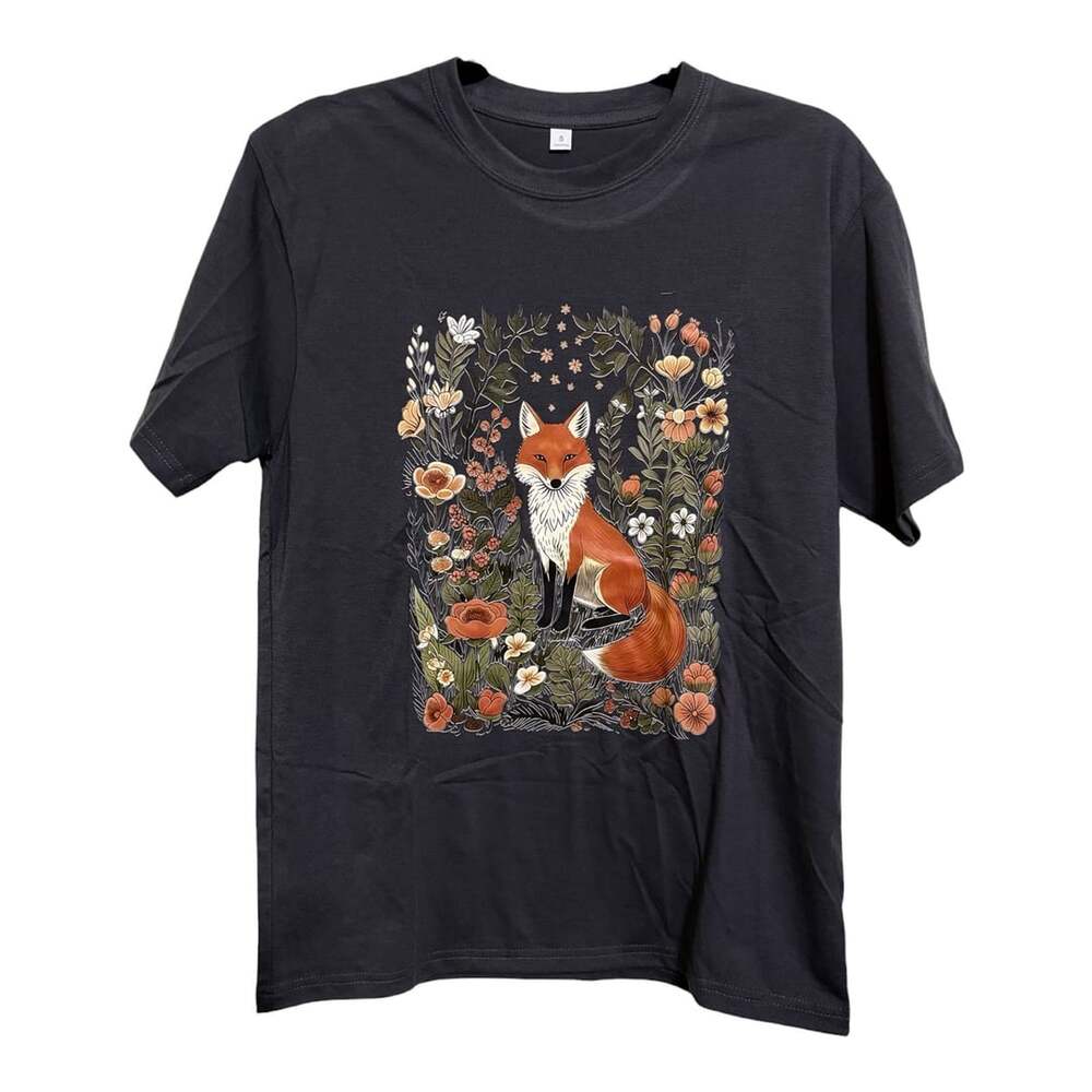 Size Small Fox Sitting In Floral Flower Meadow Custom Graphic Unisex T-Shirt - Picture 2 of 4